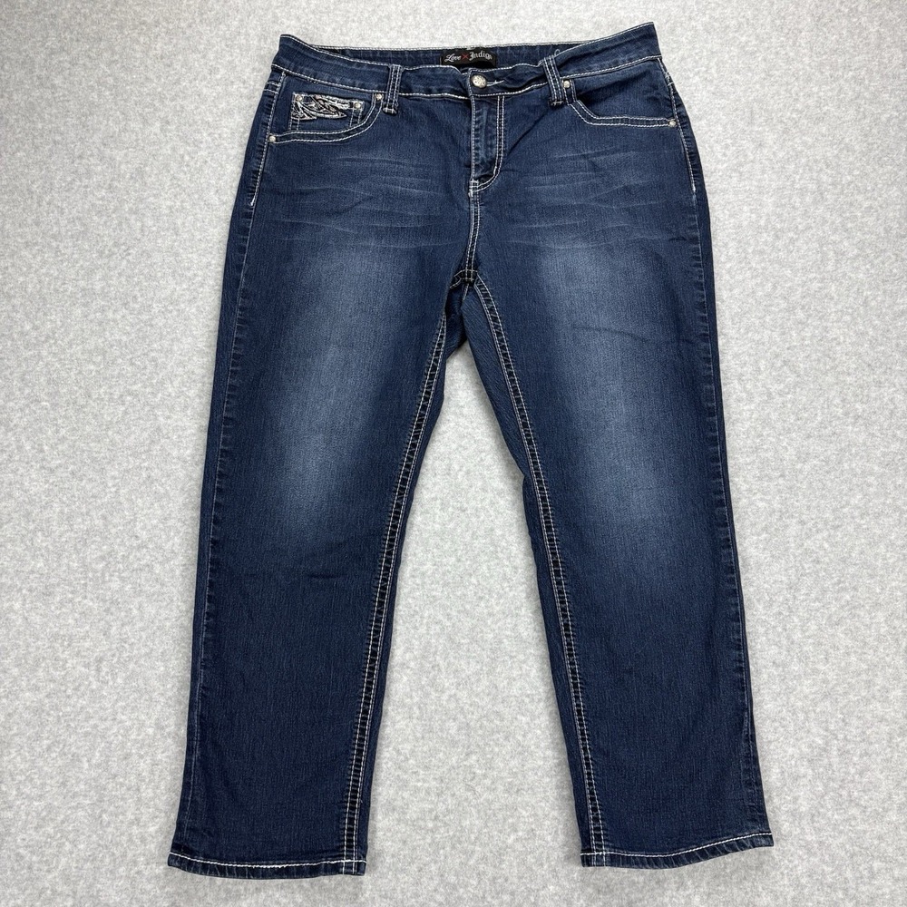 Love Indigo Jeans Women 14 Blue Embroidered Wing Flap Pocket Denim Cropped Capri